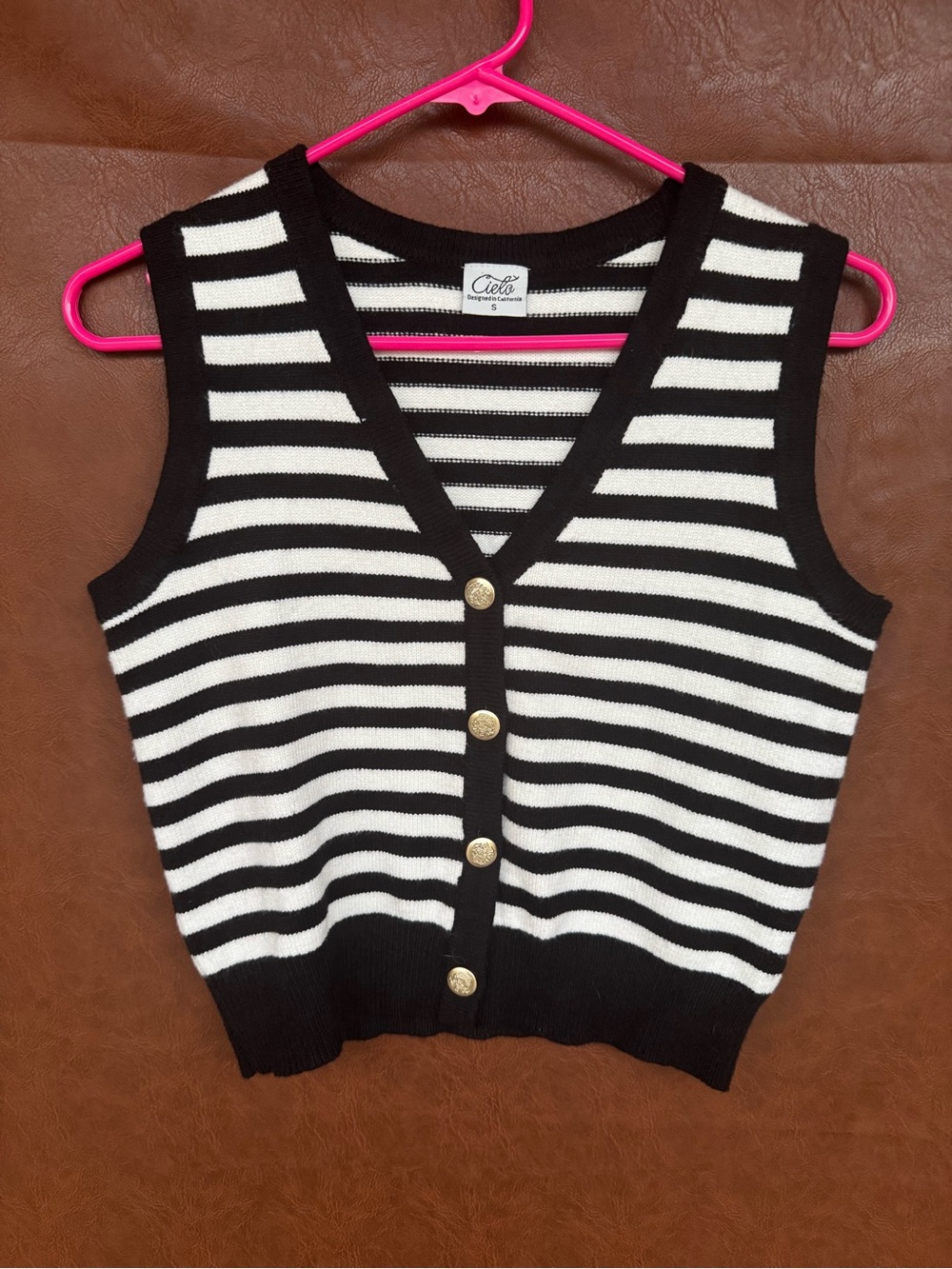 Cielo Womens S Striped Sweater Vest Black Ivory Gold Button Preppy Nautical